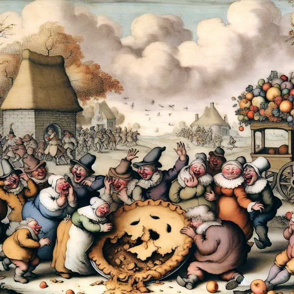 Een schattige dorpsscene met vrolijke dorpelingen rondom een grote omgevallen taart met lekkernijen, met enkele dorpelingen die lachen en anderen die zich optreden van schrik, alles omgeven door een zachte lucht en een vintage wagen vol met bloemen.