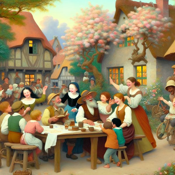 Vrolijke dorpsscène geïnspireerd door Anton Pieck Een vrolijke dorpsscène met een oude man die verhalen vertelt aan kinderen, een stel dat arm in arm wandelt en een kunstenaar die schildert onder bloeiende bomen.