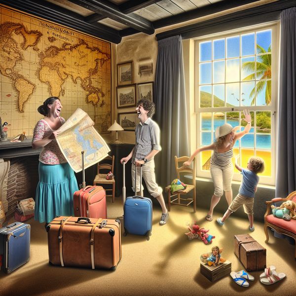 Vrolijke familie pakkende koffers voor vakantie Een vrolijke familie pakt hun koffers in een knusse woonkamer met reisitems zoals kaarten en speelgoed.