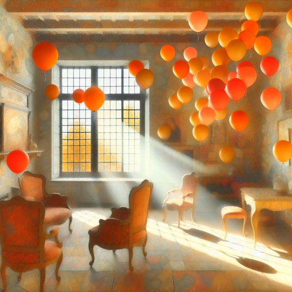 Vrolijke feestelijke binnenruimte met oranje ballonnen Een feestelijke binnenruimte met een cluster van vibrante oranje ballonnen die hoog zweven onder een zacht diffuus licht.