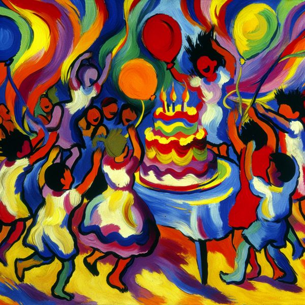 Vrolijke feestscène geïnspireerd door Willem de Kooning Abstract expressionistische weergave van een vrolijke feestscène met spelende kinderen rondom een verjaardagstaart