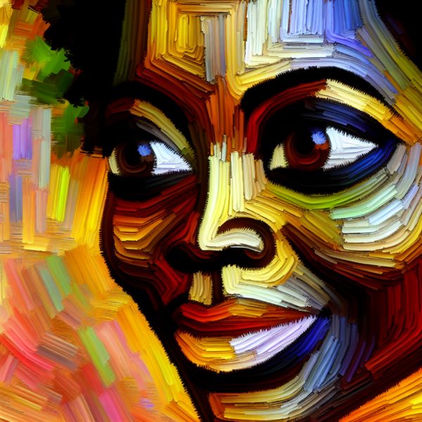 Abstract expressionistisch portret met vrolijke gelaatstrekken, dynamische penseelstreken en warme kleuren rond de ogen en lachrimpels
