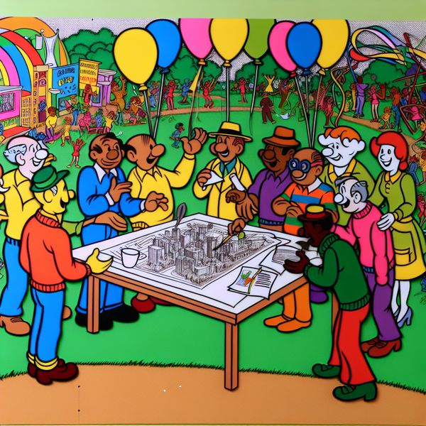 Vrolijke gemeenschap komt bijeen voor festivalorganisatie Een kleurrijke cartoonweergave van een vrolijke gemeenschap die rond een tafel zit met plannen en materialen voor het organiseren van een festival.