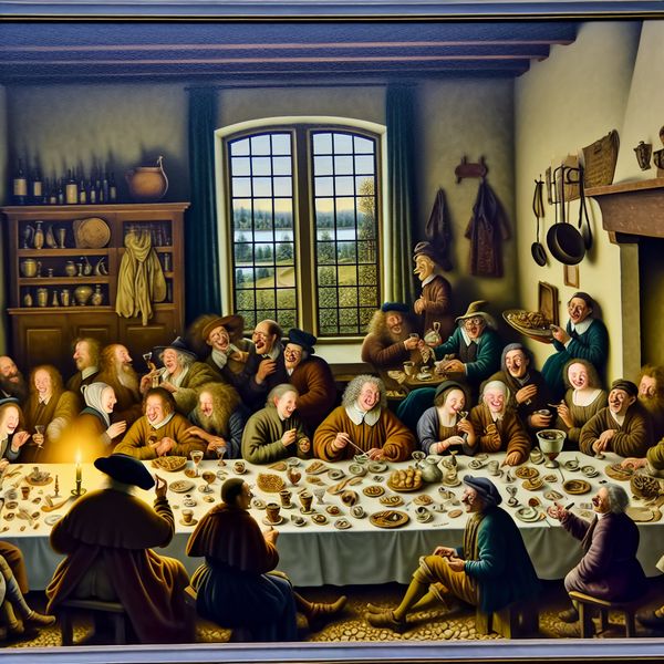 Vrolijke groep mensen in dorpsherberg met afgehandelde taken Een groep vrolijke mensen aan een grote tafel in een dorpsherberg, omringd door kleine symbolen van afgehandelde taken.