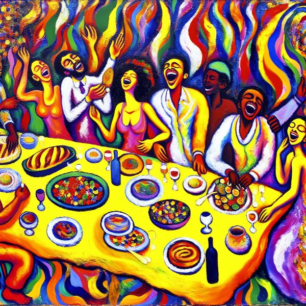 Vrolijke Groep Mensen Rond Dinertafel met Diverse Gerechten Een kleurrijke en abstracte afbeelding van een diverse groep mensen die samenkomen rond een levendige dinertafel met verschillende gerechten.
