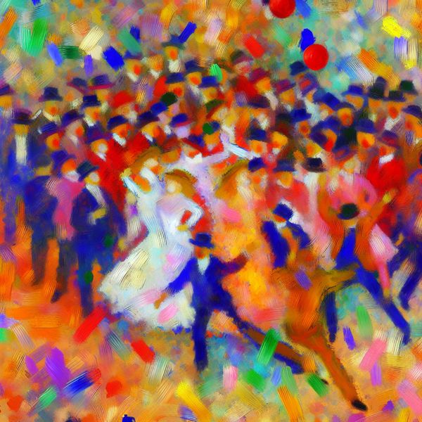Vrolijke groep vrienden bij een feestelijke viering Abstract expressionist schilderij van een vrolijke groep vrienden die samen komen tijdens een feestelijke viering.