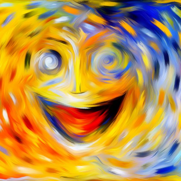 Abstract expressionistisch schilderij van een grote, vrolijke lachende gezicht met dynamische penseelstreken.
