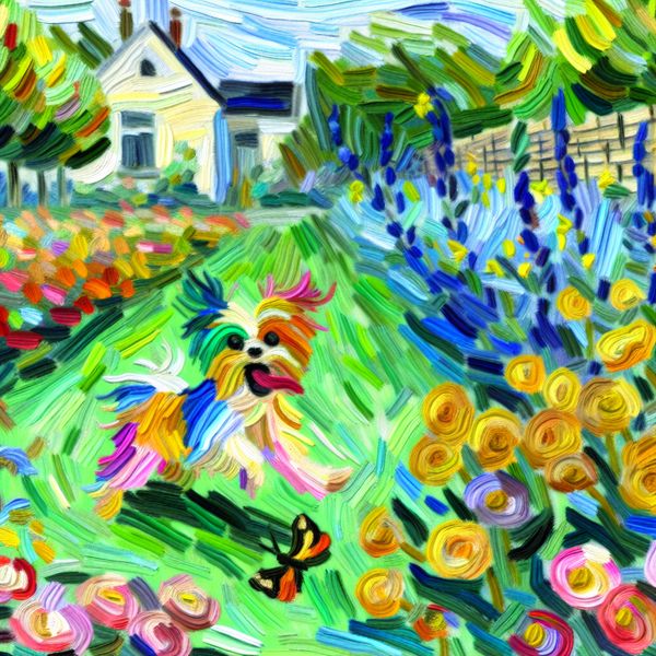 Vrolijke hond in kleurrijke bloementuin Een kleine, vrolijke hond met kleurrijk gestructureerde vacht, spelend tussen bloeiende bloemen en achtervolgend een vlinder in een levendige tuin.