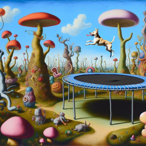 Een speelse hond springt hoog in de lucht vanaf een trampoline in een surrealistisch landschap met vreemde wezens en kleurrijke bloemen.
