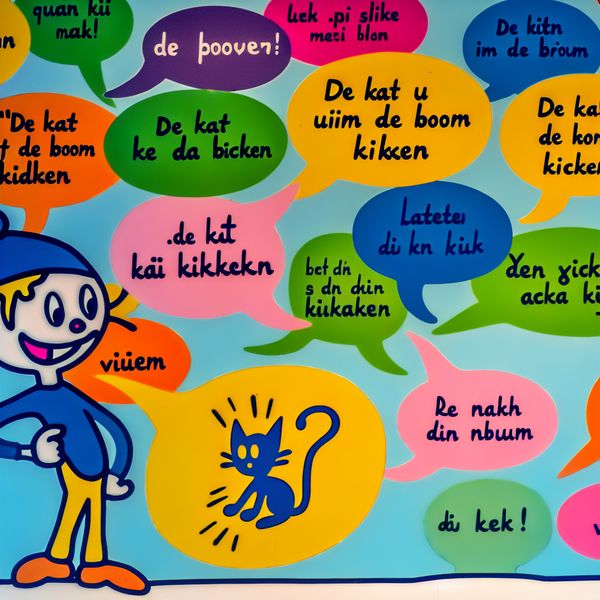 Vrolijke illustratie van Nederlandse gezegden en spreekwoorden Een vrolijke tekenfilmachtige illustratie van een personage omringd door kleurrijke spraakbubbels met bekende Nederlandse gezegden.