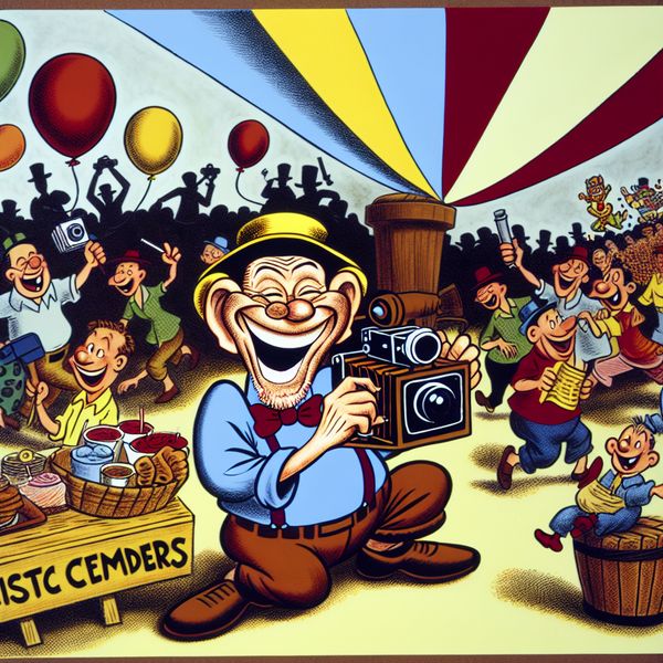 Een cartoonachtige afbeelding van een vrolijke fotograaf zonder officiële registratie die foto’s maakt op een levendig evenement.