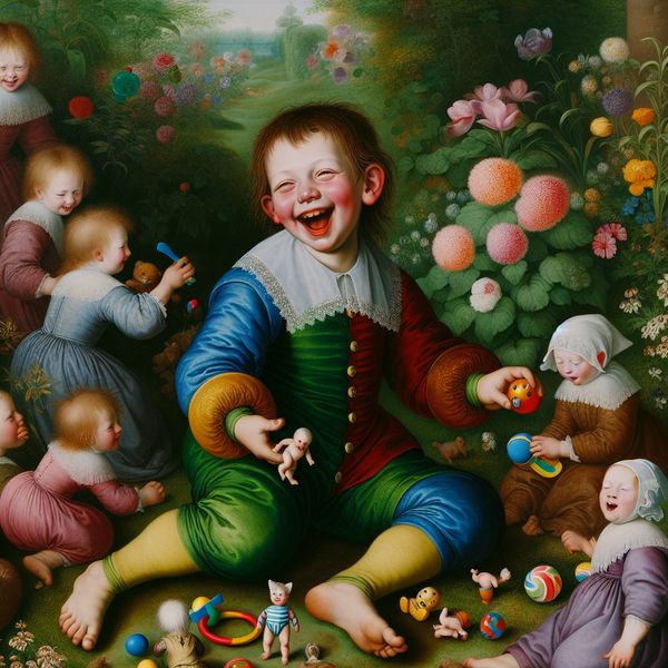 Een negenjarig jongetje speelt vrolijk met speelgoed in een weelderige tuin vol bloemen.