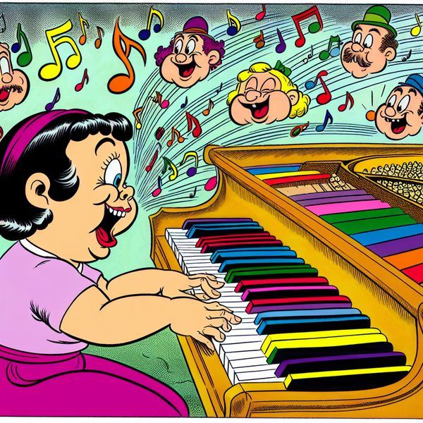 Jongere speelt vrolijk op een grote piano met kleurrijke toetsen, omringd door muzieknoten en cartoonachtige muziekinstrumenten.