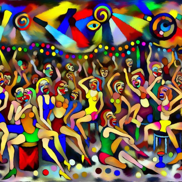 Vrolijke jongeren op een levendig feest Groep jonge mensen die vreugdevol dansen en lachen op een levendig feest met kleurrijke versieringen.