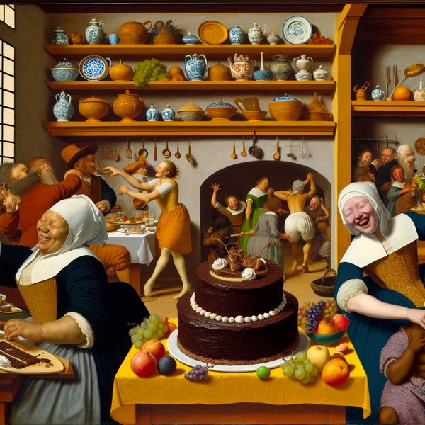 Kleurrijke keuken scène met blije mensen rond een tafel met een versierde chocolade cake.