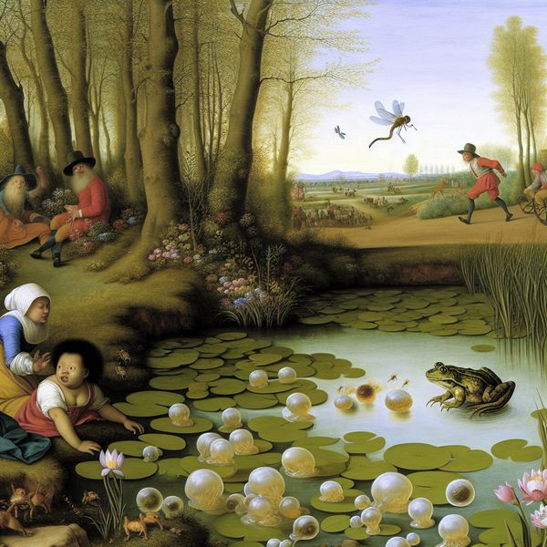 Een speelse kikker springt rond in een rustige vijver met drijven clusters van kikkerdril op het wateroppervlak.
