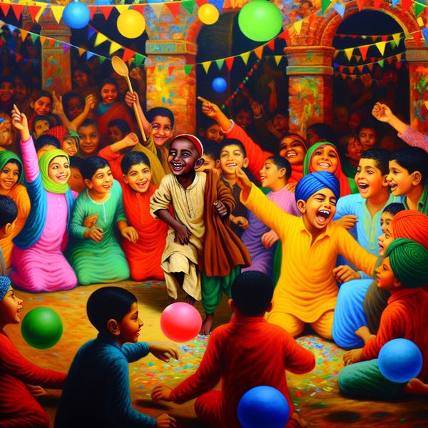 Vrolijke kinderen op een feestelijke viering Een groep blije kinderen in een feestelijke sfeer, omringd door kleurrijke versieringen en ballonnen, waarbij één kind straalt van vreugde.