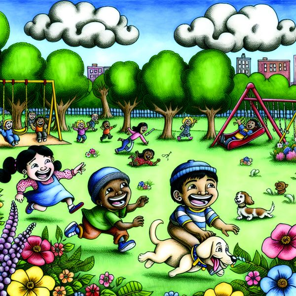 Vrolijke kinderen in een park met spelend hondje Een vrolijke cartoonafbeelding van een park met blije kinderen die samen spelen.