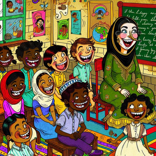 Cartoon van blije kinderen in een kleurrijk klaslokaal, die grappen maken over hun leraar.