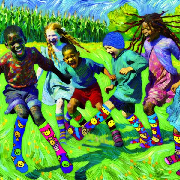 Vrolijke Kinderen met Kleurrijke Sokkenen in het Park Vrolijke kinderen in kleurrijke sokken met dieren en cartoonpatronen, spelend in een zonnig park
