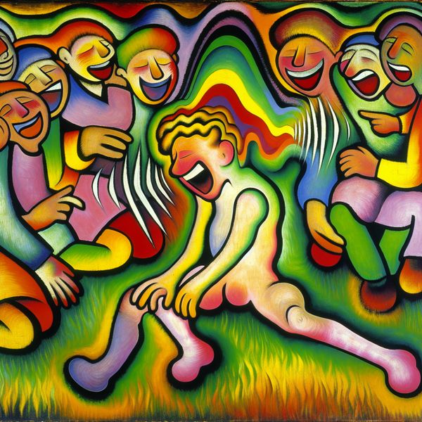 Vrolijke illustratie van kinderen die lachen en spelen Speelse abstracte illustratie van lachende kinderen met een uitgelaten kind in het midden dat giechelend op het gras zit.