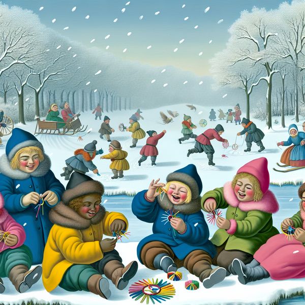 Vrolijke kinderen maken papieren spaken in een winterlandschap Groep blije kinderen maken kleurrijke papieren spaken in een winterlandschap.