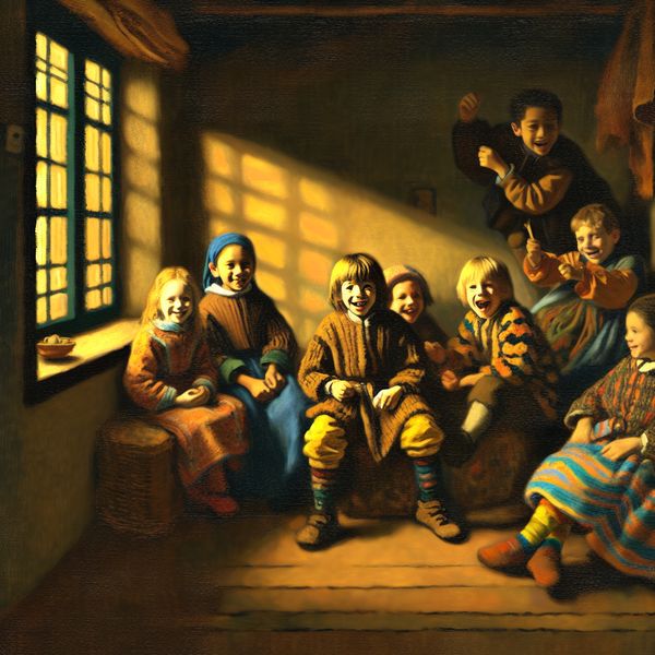 Vrolijke kinderen in een serene huiselijke omgeving Een groep levendige kinderen speelt vrolijk in een sfeervolle kamer met zacht diffuus licht.