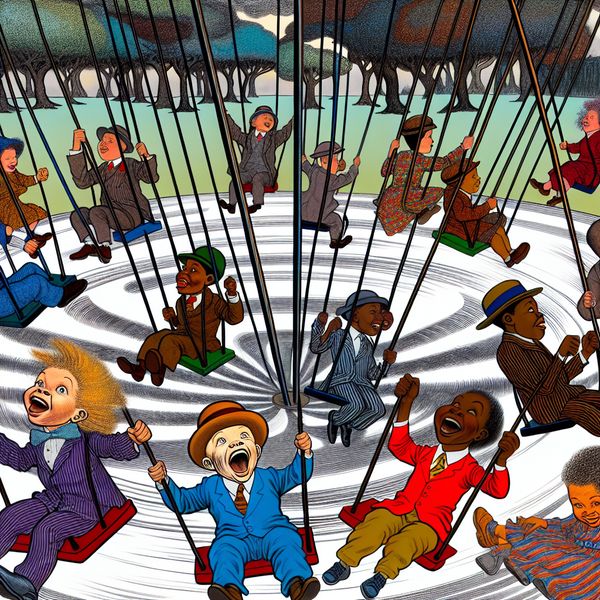 Vrolijke kinderen die op kleurrijke schommels in een speeltuin zwijgen, met een zonnige lucht en bomen op de achtergrond in de stijl van Marten Toonder.