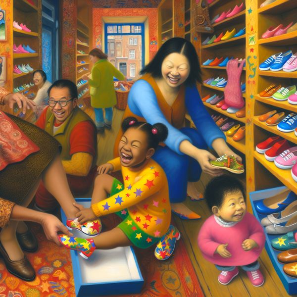 Vrolijke kinderschoenen ervaring in een kleurrijke winkel Een vrolijke scène in een kleurrijke kinderschoenen winkel met een meisje dat schattige schoenen met sterren past en haar lachende moeder, omringd door levendige schoenen op de planken.