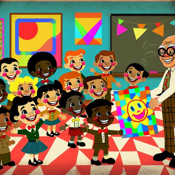 Vrolijke Klas met Schattige Jufje en Kinderen Presenteren Kunstwerk Een vrolijke klaslokaalscène met kinderen die een kleuren-tekening aanbieden aan hun schattige jufje.
