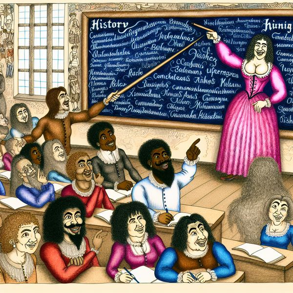 Vrolijke Klaslokaal Scène met Geschiedenis Les Een vrolijke leraar die wijst naar een groot krijtbord met het onderwerp 'Geschiedenis' in een levendige klaslokaal vol enthousiaste leerlingen.