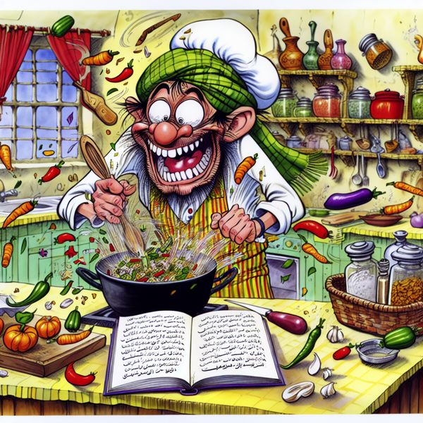 Vrolijke Koken Avontuur in een Cartoonachtige Keuken Een cartoonachtige scène van een vrolijke persoon in een kleurrijke keuken, omringd door vliegende ingrediënten en kookgerei terwijl ze een ingewikkeld gerecht proberen te maken.