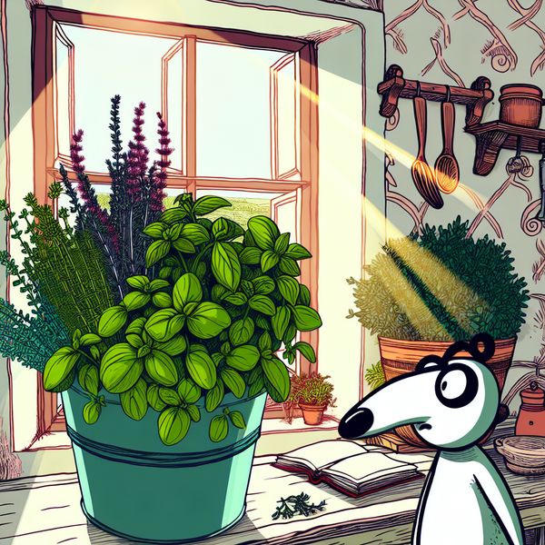 Vrolijke kruidenpot in een kleurrijke keuken Een cartoonachtige keuken met een pot vol kruiden op de vensterbank en een speels figuurtje dat naar de planten kijkt.