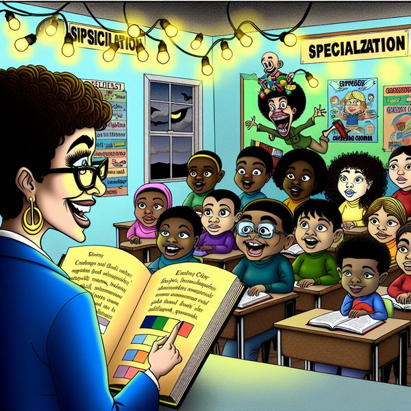 Cartoon classroom with a cheerful teacher reading to fascinated children sitting on the floor, colorful educational posters on the walls