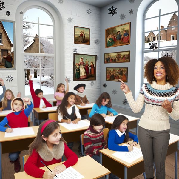Vrolijke leraar in winterse klas Een vrolijke leraar staat voor de klas en dicteert tekst aan aandachtige leerlingen in een winterse klasomgeving.