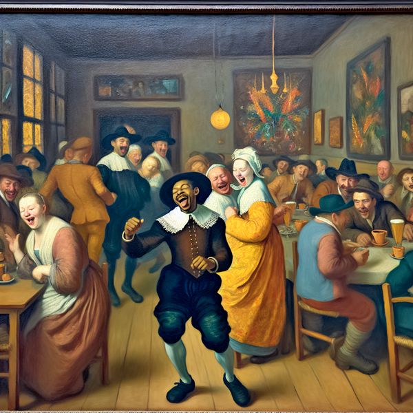 Vrolijke man danst in café Een vrolijke man die danst en zingt in een café, met een grote glimlach en kleurrijke decoraties op de achtergrond.