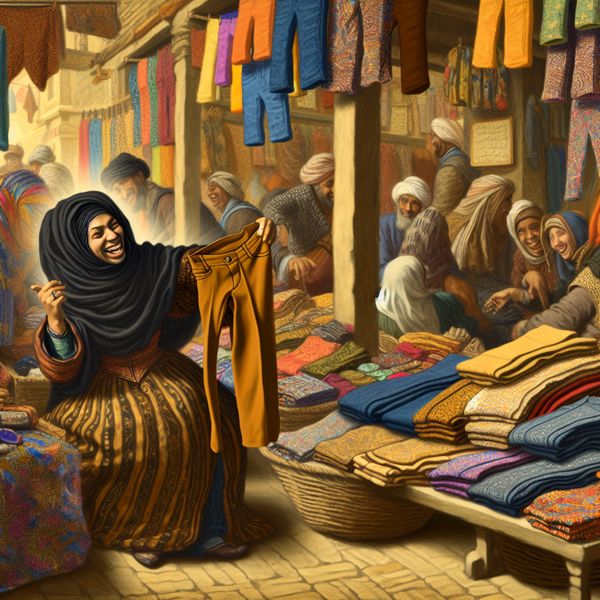 Vrolijke marktscene met broeken - Jan Steen inspiratie Een vrolijke persoon winkelt voor een nieuwe broek in een drukke marktscene, omringd door kleurrijke kledingstallen.
