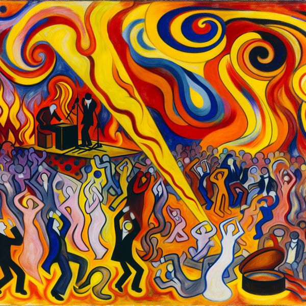 Vrolijke menigte op een concert - Abstract Expressionisme Abstract expressionistische voorstelling van een vrolijke menigte op een concert