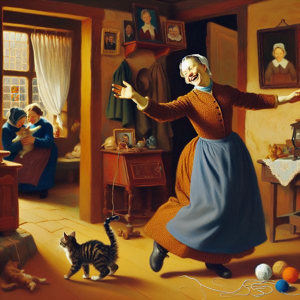 Moeder danst met haar kind in de armen in een levendige en chaotische woonkamer.
