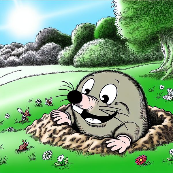 Vrolijke mol in park - cartoonstijl Een vrolijke mol die uit een grasheuvel komt in een parksetting, omringd door bloemen en vlinders.