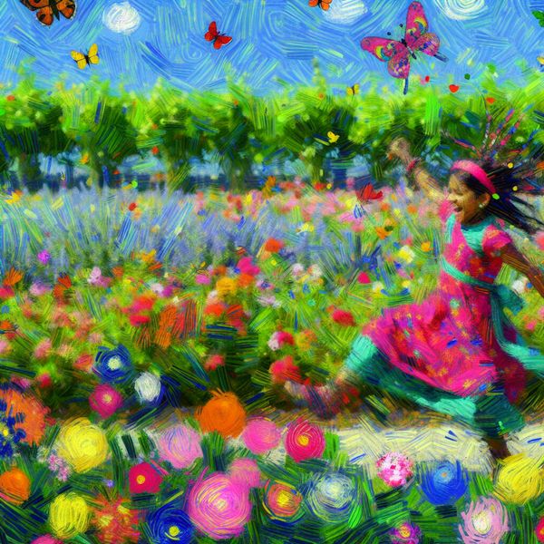 Een jonge muppie speelt vrolijk tussen kleurrijke bloemen en vlinders in een levendige tuin.