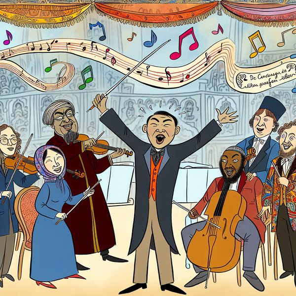 Vrolijke muzikanten in een muziekhuis Cartoonachtige illustratie van een levendige muzikale bijeenkomst met een dirigent en opgetogen muzikanten.