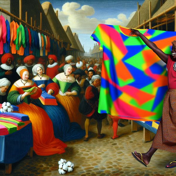Vrolijke naaister met katoenen T-shirt op textielmarkt Een blije naaister houdt een felgekleurde 100% katoenen T-shirt omhoog op een levendige textielmarkt met verschillende stoffen in de lucht.