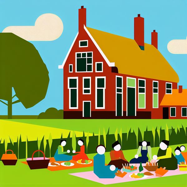 Vrolijke traditionele Nederlandse hoeve met picknick Een vrolijke, minimalistische illustratie van een traditionele Nederlandse hoeve met een rieten dak, omringd door groene velden en bomen, en vrienden die genieten van een picknick.