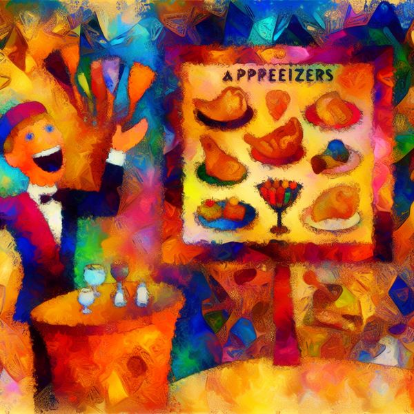 Speelse en kleurrijke restaurantervaring met drie voorgerechten Een vrolijke ober die een kleurrijk menubord toont met drie verschillende voorgerechten in een speelse restaurantsetting.