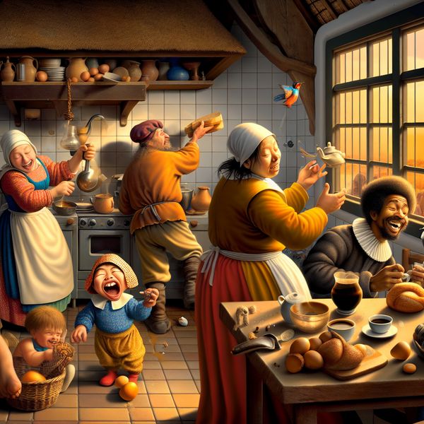 Een vrolijke Nederlandse ochtend in een drukke keuken met lachende mensen die ontbijten en plezier hebben.