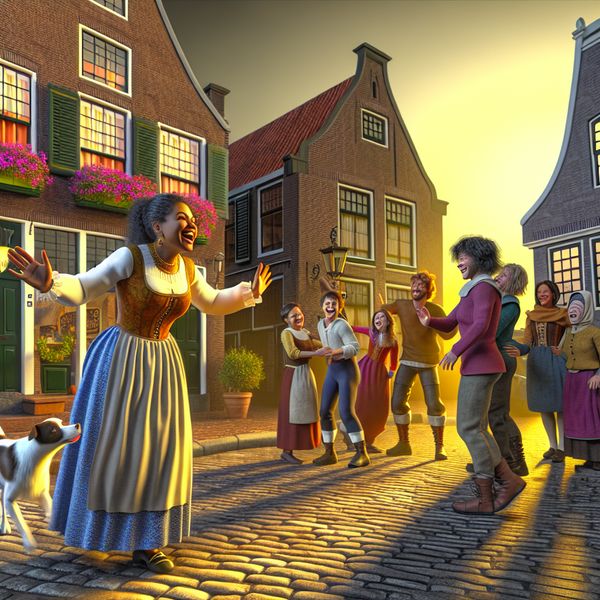 Vrolijke ochtendgroet in een Nederlands buurtje Vrouw begroet buren met een vrolijk 'Goedemorgen!' in een traditioneel Nederlands buurtje.