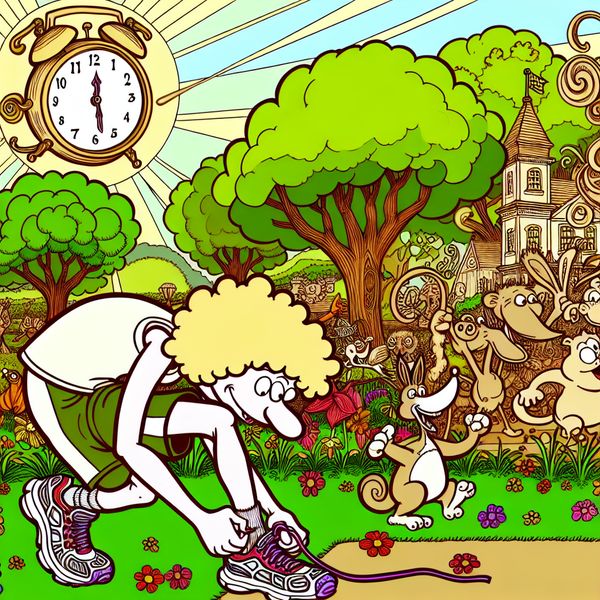 Vrolijke ochtendroutine in de buurt met cartoonfiguren Een vrolijke cartoonafbeelding van een personage dat zijn hardloopschoenen strikt in een zonnige buurt met dieren die om een wekker verzamelen.