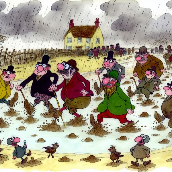 Vrolijke personages ploeteren door modderige omstandigheden Een kleurrijke cartoonachtige scène met vrolijke personages die door dikke modder ploeteren na hevige regenval, met een schattig huisje op de achtergrond.