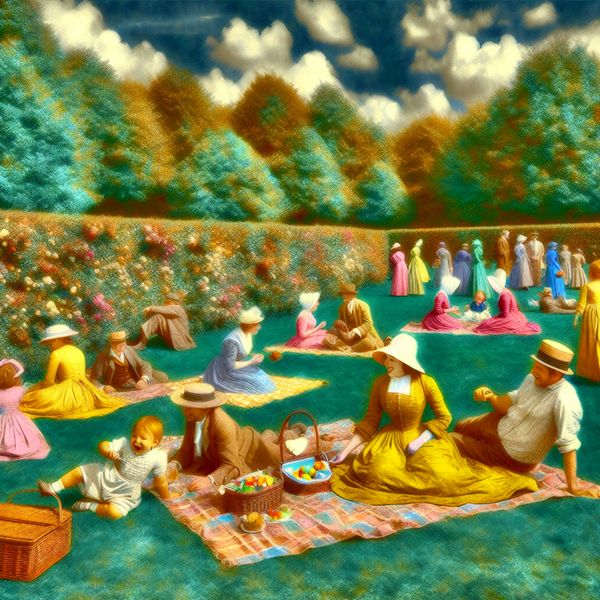 Vrolijke picknick in groen park Een vrolijke picknick in een groen park met kleurrijke dekens en een mand vol lekkernijen, omringd door spelende kinderen en bloemen.